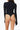 Back view of the Room 24 Ashanti black corset bodysuit highlighting its high neckline, fitted sleeves and thong silhouette.