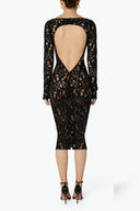 Back view of the Room 24 Vania black sheer lace dress highlighting its dramatic open back and long fitted sleeves.
