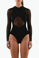 Front view of the Room 24 Liz black mesh bodysuit with crossover bust panels, sheer long sleeves and a diamond waist cut-out.