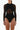 Front view of the Room 24 Liz black mesh bodysuit with crossover bust panels, sheer long sleeves and a diamond waist cut-out.