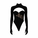 Close-up of the Room 24 Ashanti black bodysuit showing the underwired cups, chest cut-out and sheer boned corset panel.