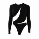 Close-up of the Room 24 Lorena bodysuit highlighting its round neckline, smooth stretch fabric and sculptural cut-out construction.