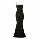 Close-up of the Room 24 Vanessa black maxi dress showing the intricate floral lace, straight neckline and ultra-fine shoulder straps.
