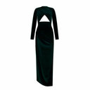 Back view of the Room 24 Daphne emerald velvet dress showing its fitted long sleeves and sculpted full-length silhouette.