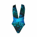 Close-up of the Room 24 Rachel swimsuit showing the softly gathered plunge neckline and crossover waist construction.