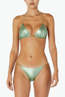 Front view of the Room 24 Stacey bikini top with triangle cups and chain-trimmed halterneck straps.