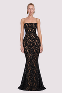 Front view of the Room 24 Vanessa black lace maxi dress with a straight neckline, fine straps and fitted floral-lace silhouette.