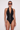 Front view of the Room 24 Venus one-piece swimsuit with a plunging lapel neckline and decorative button-front detailing.