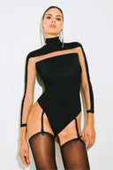 Front view of the Room 24 Veronica black high-neck bodysuit with illusion-mesh cut-outs and long fitted sleeves.
