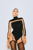 Front view of the Room 24 Veronica black high-neck bodysuit with illusion-mesh cut-outs and long fitted sleeves.