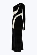Close-up of the Room 24 Verper black dress showing the asymmetric velvet bodice, sheer mesh inserts and single-sleeve construction.