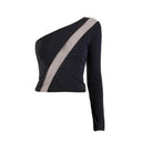  Close-up of the Room 24 Lana top showing its diagonal sheer panel and asymmetric neckline.