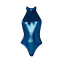 Close-up of the Room 24 Lea one-piece swimsuit showing its high halterneck and smooth stretch-fabric finish.