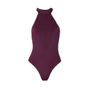 Close-up of the Room 24 Lea one-piece swimsuit showing its high halterneck and smooth stretch-fabric finish.