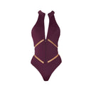 Close-up of the Room 24 Maya swimsuit showing its adjustable front zip, high neckline and illusion-mesh detailing.