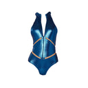 Close-up of the Room 24 Maya swimsuit showing its adjustable front zip, high neckline and illusion-mesh detailing.