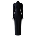 Close-up of the Room 24 007 black dress showing the structured high neckline, smooth stretch fabric and fitted long sleeves.
