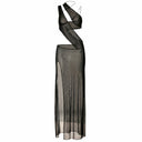 Close-up of the Room 24 Marina black maxi dress showing its lightweight mesh, layered draping and fine criss-cross straps.