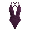 Close-up of the Room 24 Rachel swimsuit showing the gathered plunge neckline and crossover waist detailing.