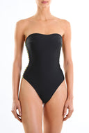 Front view of the Room 24 Nicole one-piece swimsuit with a structured bandeau neckline, printed multi-strap details and high-cut legs.