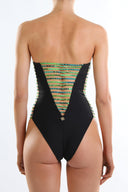 Back view of the Room 24 Nicole swimsuit showing its open-back construction and intricate horizontal strap detailing.
