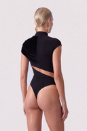 Back view of the Room 24 Clara black bodysuit showing its high neckline, cap sleeves and close-fitting silhouette.