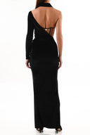 Back view of the Room 24 Emily black maxi dress highlighting its asymmetric shoulder, sheer corset panel and sculpted silhouette.