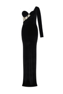 Close-up of the Room 24 Emily black dress showing the underwired balconette cups, sheer boned corset and asymmetric draping.