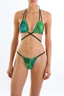 Front view of the Room 24 Mia triangle bikini top with gathered cups and crossed underbust straps.