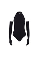 Close-up of the Room 24 Grace black bodysuit showing the high halterneck and smooth stretch fabric.