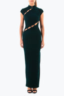 Front view of the Room 24 Isabel emerald velvet maxi dress with a high neckline, cap sleeves and diagonal cut-outs