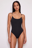 Front view of the Room 24 Marley one-piece swimsuit with a scoop neckline, statement chain straps and high-cut legs.
