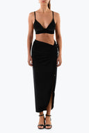 Front view of the Room 24 Pam maxi skirt with adjustable ruching, drawstring detailing and a thigh-high split.