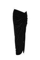 Close-up of the Room 24 Pam skirt highlighting its velvet-effect fabric, adjustable ruching and drawstring detail.