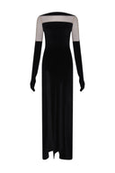 Close-up of the Room 24 Samantha black dress showing the soft velvet bodice, sheer illusion neckline and matching opera-glove styling.