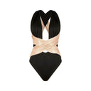 Close-up of the Room 24 Rachel swimsuit showing the gathered plunge neckline and softly draped crossover detailing.