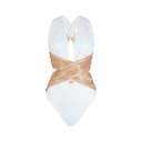 Close-up of the Room 24 Rachel swimsuit showing the gathered plunge neckline and softly draped crossover detailing.