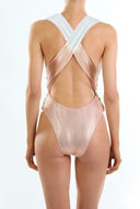 Back view of the Room 24 Rachel one-piece swimsuit showing its halterneck construction, open back and close-fitting silhouette.