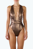 Front view of the Room 24 Rachel one-piece swimsuit with a deep plunge neckline, gathered panels and crossover waist.
