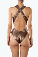 Back view of the Room 24 Rachel swimsuit showing its wide crossover straps, low open back and high-cut silhouette.
