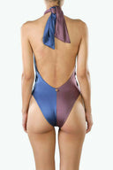 Back view of the Room 24 Carol swimsuit showing its low open back, halterneck ties and sculpted silhouette.