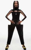 Front view of the Room 24 Veronica black high-neck bodysuit with illusion-mesh cut-outs and long fitted sleeves.