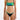 Woman wearing green and blue tropical print bikini with black straps and high-cut bottoms